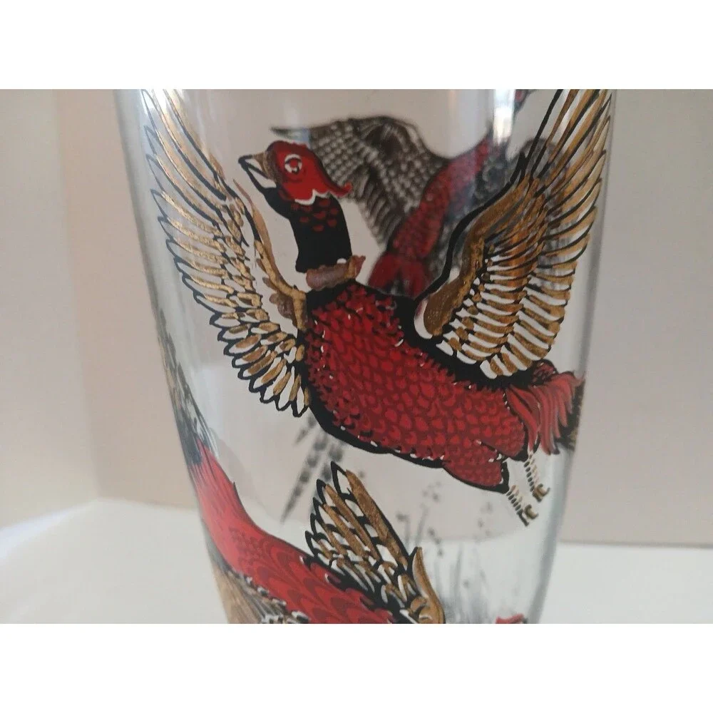 Vintage PHEASANTS HUNTING CLEAR GLASS COCKTAIL SHAKER 1960s Chrome Lid